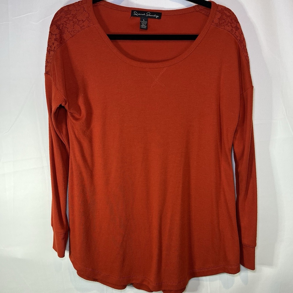 French Laundry Top Women's Large Orange Stretch Long Sleeve Shirt Lace *Read*